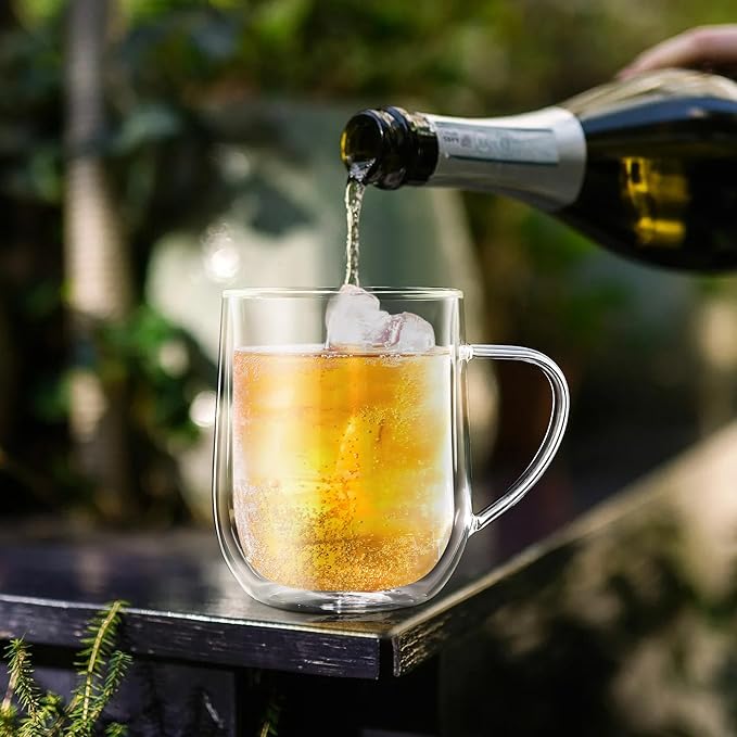 Joeyan Large Clear Double Walled Glass Coffee Mugs 15 oz, Double Layer Tea Latte Cappuccino Cups with Handle, Double Lined Insulated High Borosilicate Glassware for Milk and Hot Beverages, Set of 2