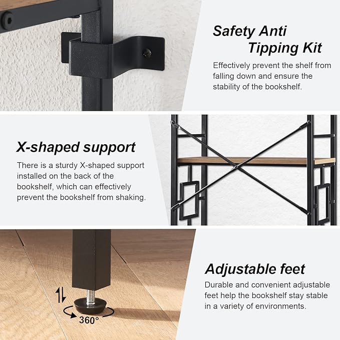 HOMISSUE Bookcase,6-Tier Tall Bookshelf Metal Bookcase and Bookshelves, Free Standing Storage Modern Bookshelf for Home Office Living Room and Bedroom, Rustic Brown