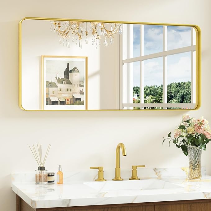Keonjinn Gold Bathroom Mirrors for Wall 42” x 20” Large Rounded Rectangle Gold Vanity Mirror, Brushed Brass Mirror with Metal Frame, HD Tempered Glass, Decorative Farmhouse Mirror(Horizontal/Vertical)