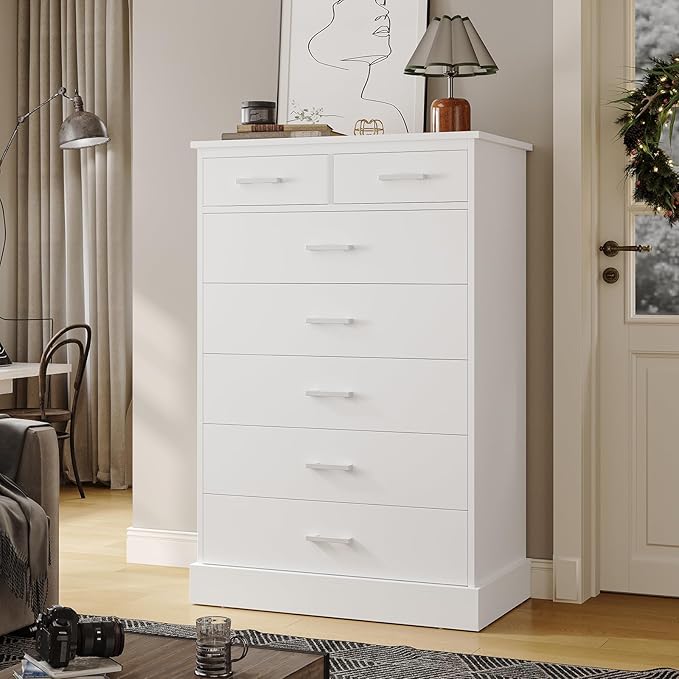 Hasuit White Dresser for Bedroom, Tall 7 Drawer Dresser with Sturdy Base, Wood Storage Tower Clothes Organizer, Large Storage Cabinet, Chest of 7 Drawers for Closet, Living Room, Hallway