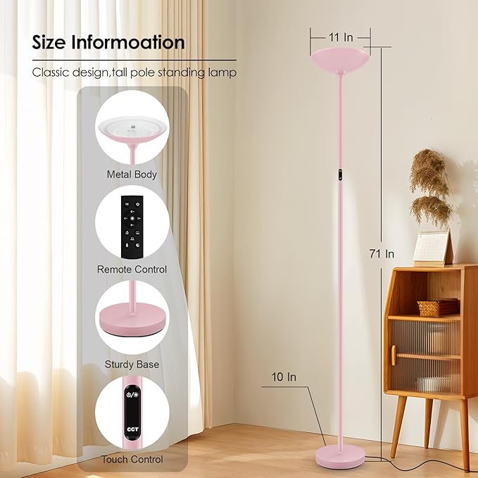 Stepless Dimmable Floor Lamp,30W 3000LM Super Bright LED Torchiere Floor Lamps with Remote & Touch Control,71 in Tall Modern Standing Lamp for Living Room Bedroom Office,2700k-6500k,Pink