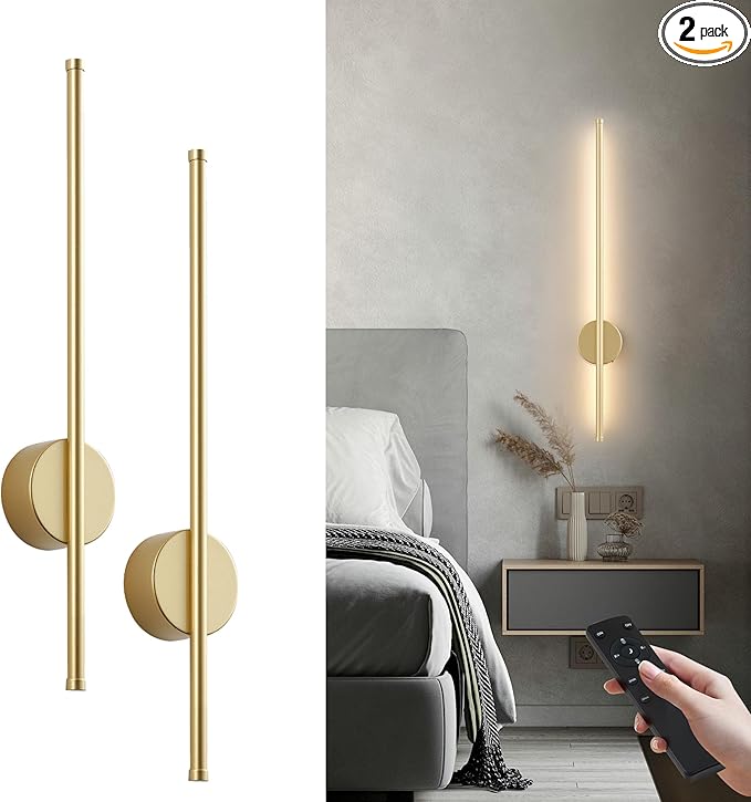 Battery Operated Modern Wall Sconces,Dimmable Wireless Wall Light Set of Two with Remote Control,3 Color Temperatures,Rechargeable LED Wall Sconce for Bedroom,Living Room,Hallway,23.6 Inch, Gold