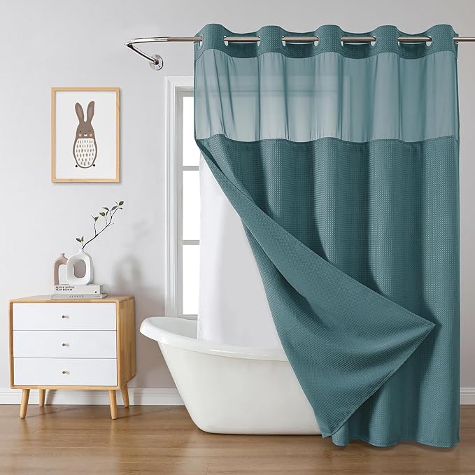 SeawedGreen Extra Long No Hook Waffle Weave Shower Curtain with snap-in Liner Replacement, 230GSM Waterproof Fabric Hotel Shower Curtain Set for Bathroom, Through Mesh Top Window,71Wx86H