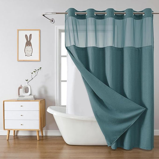 SeawedGreen Extra Long No Hook Waffle Weave Shower Curtain with snap-in Liner Replacement, 230GSM Waterproof Fabric Hotel Shower Curtain Set for Bathroom, Through Mesh Top Window,71Wx86H
