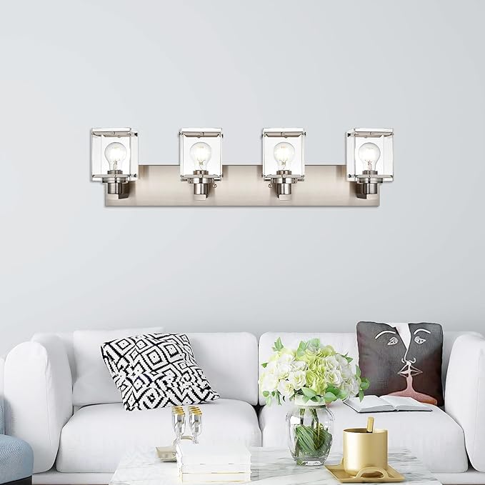 4-Lights Bathroom Vanity Light Fixtures in Brushed Nickel, E26 Socket Wall Sconce Lighting Fixtures with Clear Glass Shades for Over Mirror Bedroom Living Room Cabinet