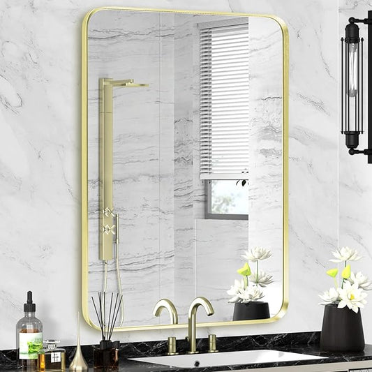 Wall Mount Mirror for Bathroom, Brushed Gold Metal Framed Rounded Corner Rectangular Vanity Mirror, Tempered Glass (28" x 36", Gold)