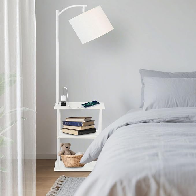 Floor Lamp with Table, Narrow Side Table with USB-A/USB-C Charging Station and AC Port, 3 Color Temperatures 12W LED Bulb, End Table for Bedroom, Living Room and Home Office, White