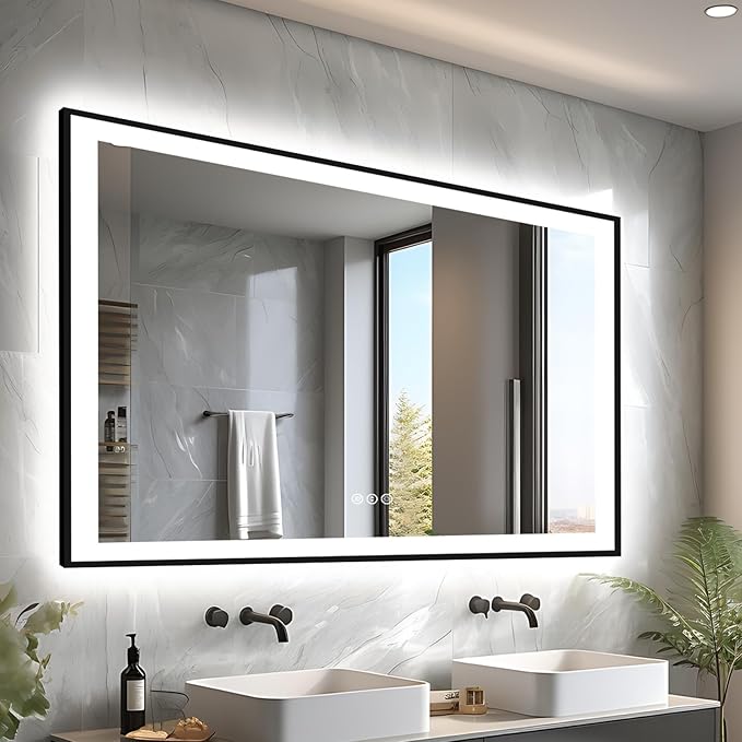 57x36 LED Light Mirror for Bathroom - Black Framed Mirror (Front and Backlit), Anti-Fog Bathroom Vanity Mirror, Stepless Dimmable Lighted Mirror, Tempered Glass, Memory (Horizontal/Vertical)