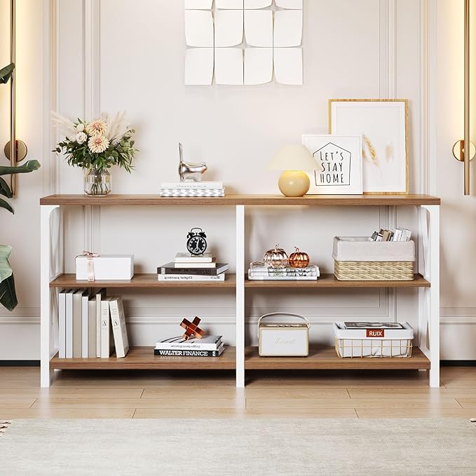 LVB Industrial Entryway Table, Farmhouse Rustic Console Table Behind Couch, Long Metal Sofa Table with Storage Shelf, Modern Hallway Table for Living Room Bedroom,White and Rustic Oak,63 inch