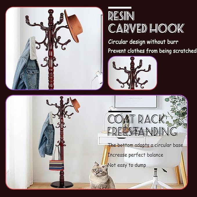 73 in Wood Coat Rack, Coat Rack Freestanding with Stable Round Base, Adjustable Height Tree Coat Racks Stand for Home Bedroom Office Hallway Entryway (Redwood)