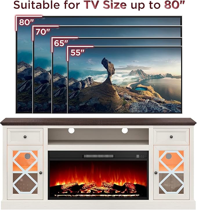 70" Farmhouse Heavy Fireplace TV Stand with 37" Electric Fireplace, TV Console Cabinet with Diamond Door for Living Room, Large LED Entertainment Center with Storage for 80" TVs, White