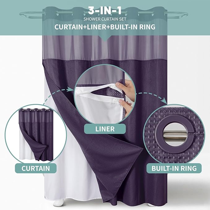 Purple Long No Hook Waffle Weave Shower Curtain with snap-in Liner Replacement, 230GSM Waterproof Fabric Hotel Shower Curtain Set for Bathroom, Through Mesh Top Window,71Wx80H