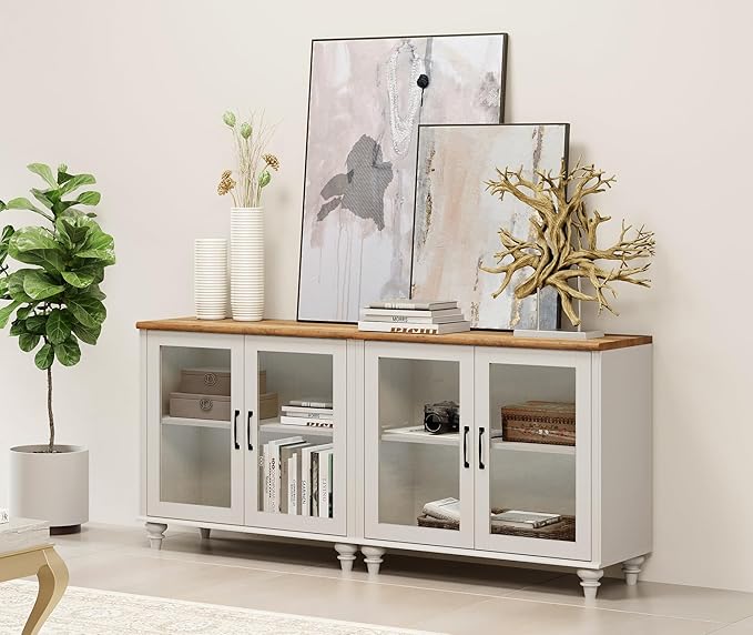 Wampat Modern TV Stand for TVs up to 110 inch, 4 in 1 Entertainment Center with Storage Cabinets and 4 Glass Door, Media Console with 6 Drawer Dresser for Living Room, White