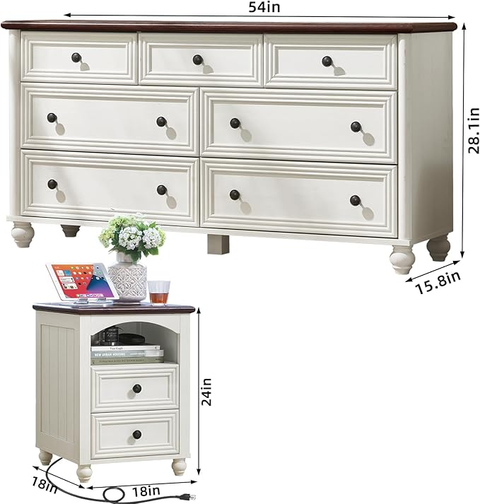 Dressers & Night Stand Set of 3, Wood 54" Wide Dresser & 18" with Charging Station Chest of Drawers, Roman Column Nightstand Set of 2, Bedroom Furniture Dresser Suites for Home Living Room Hallway
