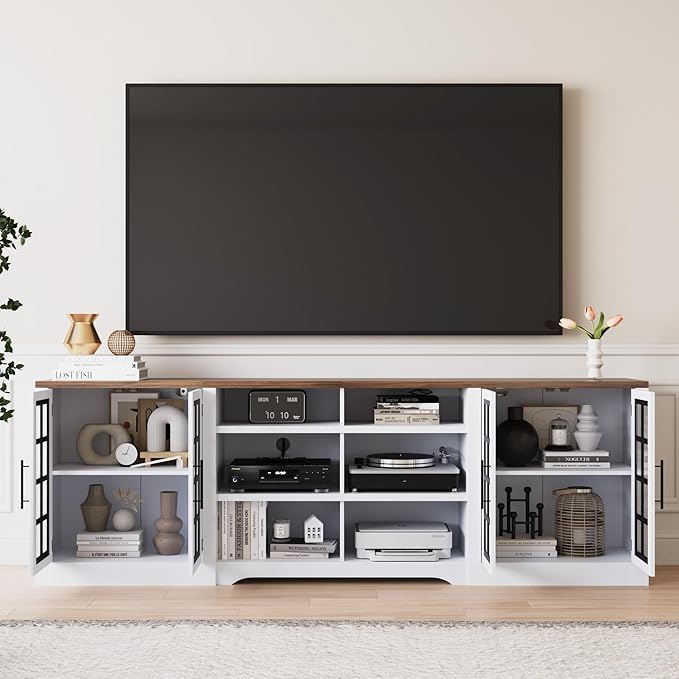 Farmhouse TV Stand for TVs up to 100", Modern Entertainment Center with 2 Cabinets and 3-Tier Open Shelves, Rustic TV Console for Living Room, Bedroom, White