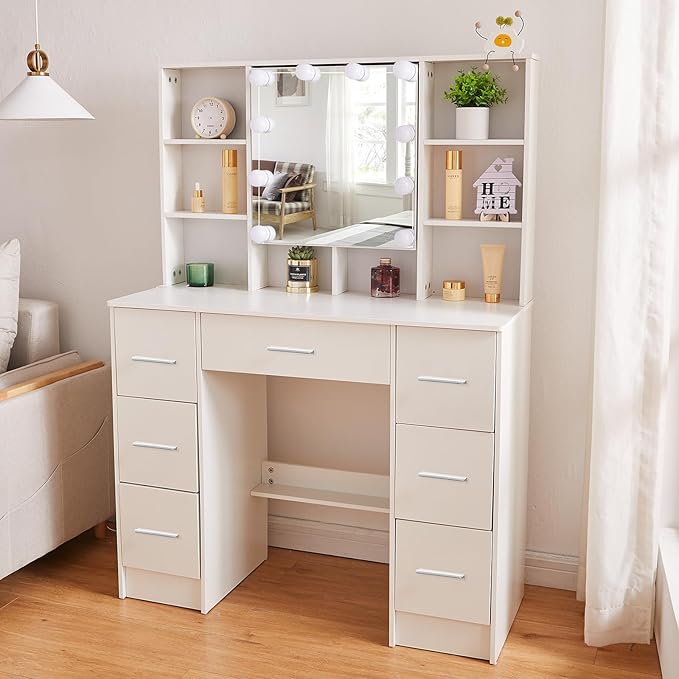 Vanity Desk with Mirror Lights, Makeup Desk with 7 Drawers and Cabinet, 3 Lighting Modes, White Vanity Set with Chair Stool for Bedroom