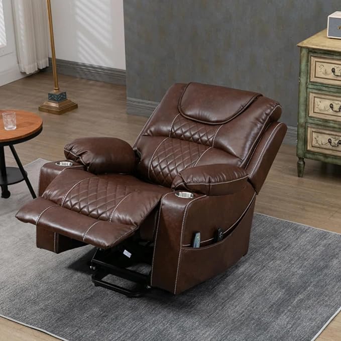 Oversized Power Lift Recliners, Lift Recliner Chairs with Heat and Massage for Elderly, Comfortable Extra Wide Recliner Features Cup Holder for Big and Tall Men (Brown Leather)