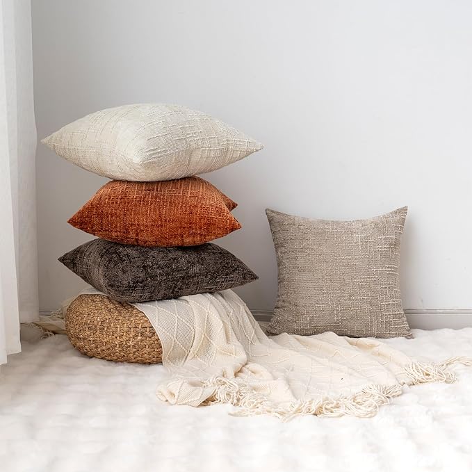 Decorative Throw Pillow Covers 20x20 Inch Set of 4, Soft Solid Farmhouse Chenille Couch Pillows, Spring Pillow Covers for Couch Sofa Bed Living Room Home Decor Pillowcase, Warm Colors