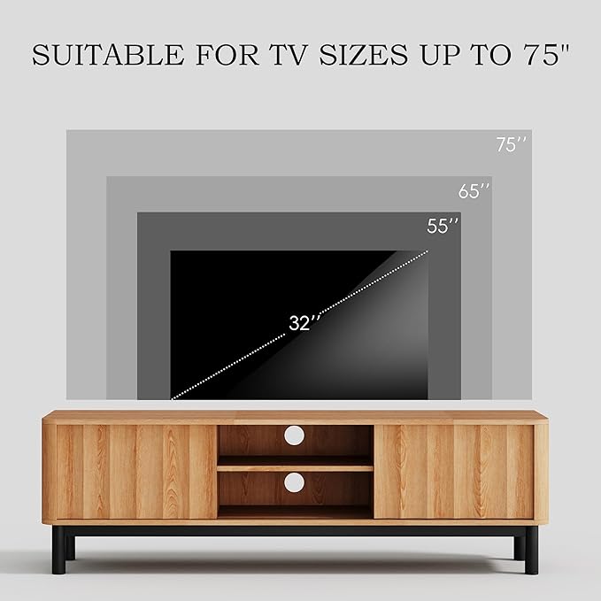 Brown Mid Century Modern TV Stand, Wood Fluted Living Room TV Stands with Storage Sliding Doors, Desert-Inspired Design MCM Entertainment Center for 55 60 65 70 75 55+ 60+ 65+ 70+ Inch