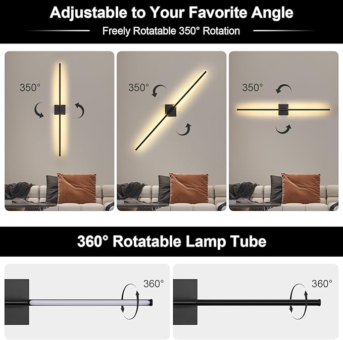 Battery Operated Wall Sconce Set of Two with Remote Control, 3000K-6000K Dimmable Black Wall Lights, Timable LED Wireless Wall Sconces, 350° Ratate for Bathroom, Living Room, Hallway 39.4 Inch