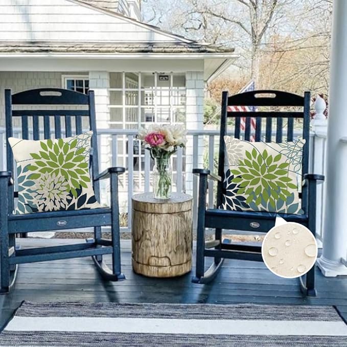 RABUSOFA Outdoor Pillow Covers 20x20 Inch Set of 2 Green Blue Flower Decorative Waterproof Spring Summer Floral Outdoor Cushion Covers for Patio Funiture Garden Couch Decor