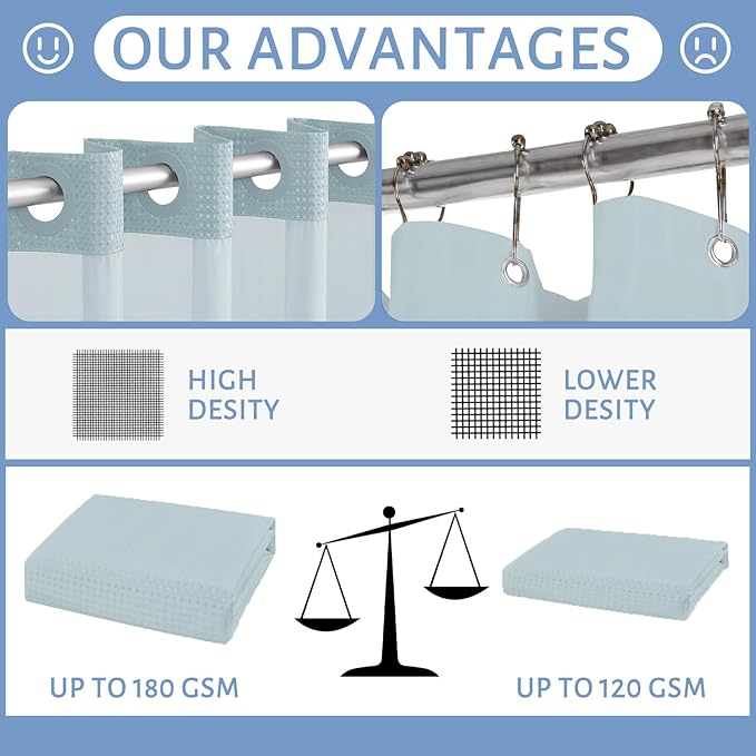 Extra Long Waterproof Bath Curtain 71x84 Fabric,Cloth Shower Liner with 12 Snap Buttons, Magnetic Hem with Fog Blue Waffle Weave Texture,No Hook Hotel Grade Machine Washable Curtain,Top Sheer Window.