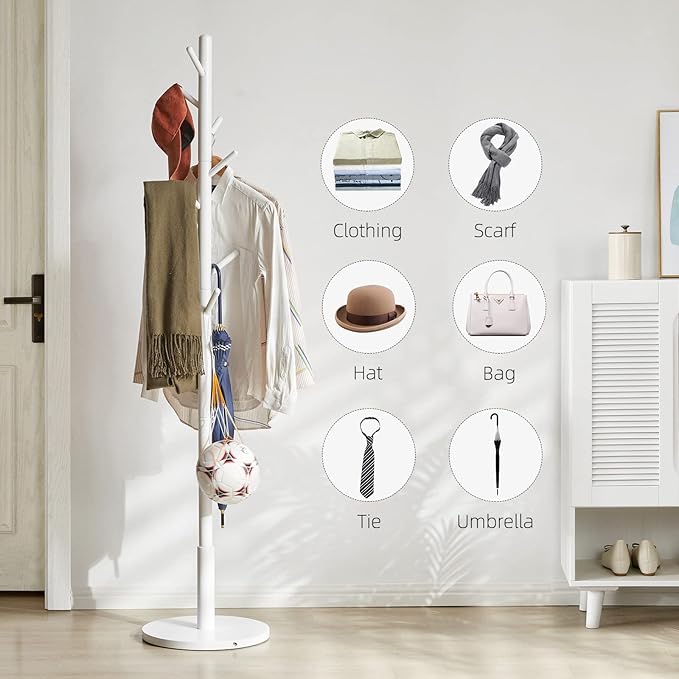 Standing Coat Rack White Coat Stand with 8 Hooks and 3 Height Options, Wood Kids Coat Tree with Sturdy Round Base, Small Hall Tree White YD-1009