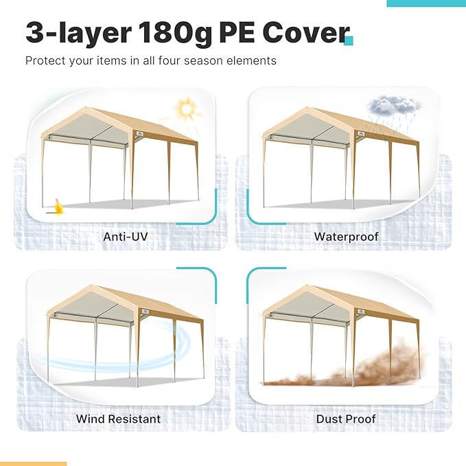 ADVANCE OUTDOOR 10x20 ft Heavy Duty Carport Potable Car Canopy Garage Party Tent Boat Shelter, Adjustable Height, with Leg Cloth, Beige
