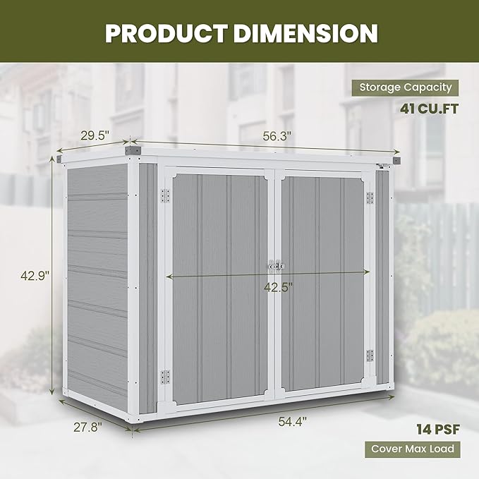Horizontal Storage Shed 41 Cu.Ft, Lockable Outdoor Resin Cabinet for Garbage Cans, Lawn Mower & Garden Tools, Weather-Resistant Design for Patio or Backyard (Cold Gray)