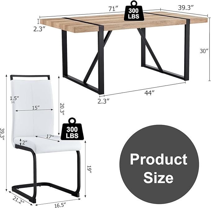 Dining Table Chairs Set for 6, Modern Rectangular Dining Room Table Set PU Leather Upholstered Dining Chairs 71" Dinner Table Set for Kitchen (White, 71 Inch Brown Table+6 Chairs)
