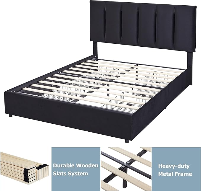 VECELO Full Size Bed Frame with 4 Storage Drawers, Adjustable Height Headboard, Heavy-Duty Platform Bedframe with Strong Wooden Slats, No Box Spring Needed, Black