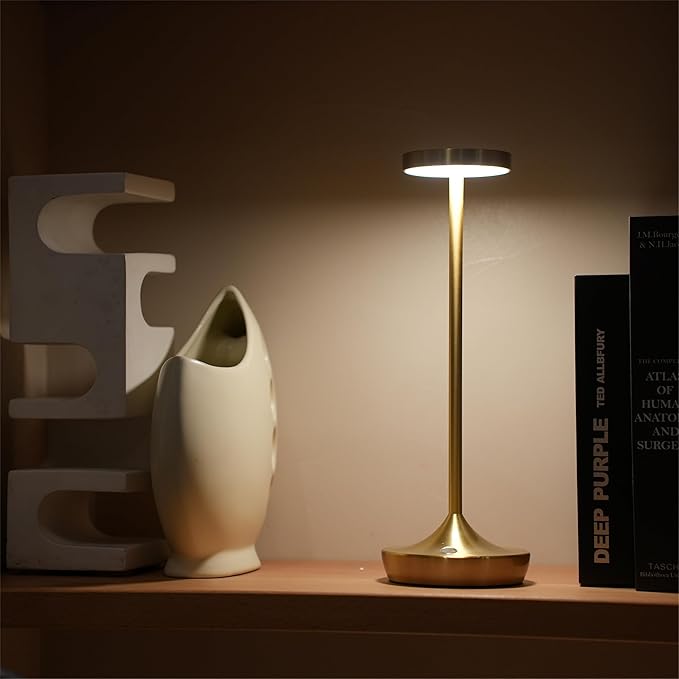 Cordless Table Lamp, Battery Operated LED Desk Lamp, 3-Color Stepless Dimming, Portable & Waterproof, for Restaurants, Bedrooms, Bars, Outdoor Parties, Camping, and Cafes (Gold)