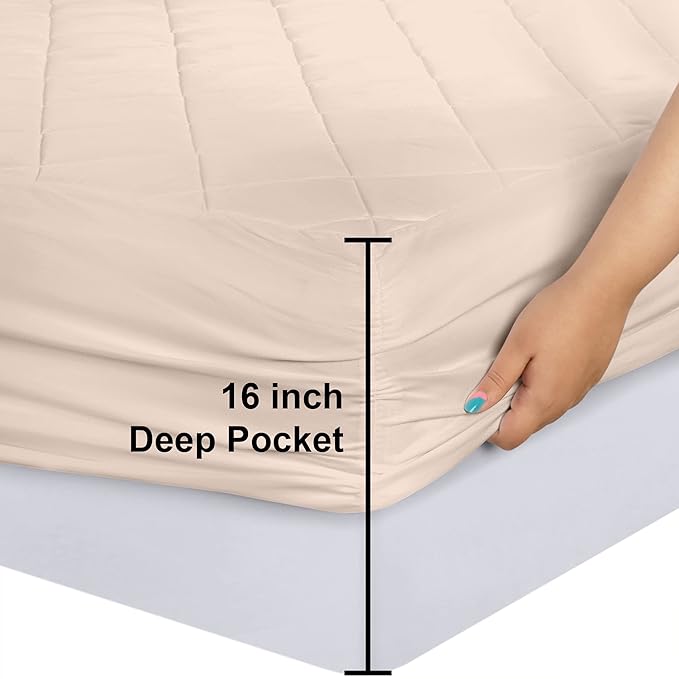 Utopia Bedding Quilted Fitted Mattress Pad, King Size, Elastic Fitted Mattress Topper Protector and Cover Stretches up to 16 Inches Deep, Machine Washable (Beige)