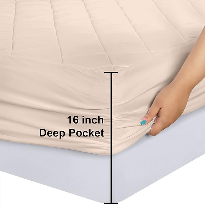 Utopia Bedding Quilted Fitted Mattress Pad, Twin Size, Elastic Fitted Mattress Topper Protector and Cover Stretches up to 16 Inches Deep, Machine Washable (Beige)