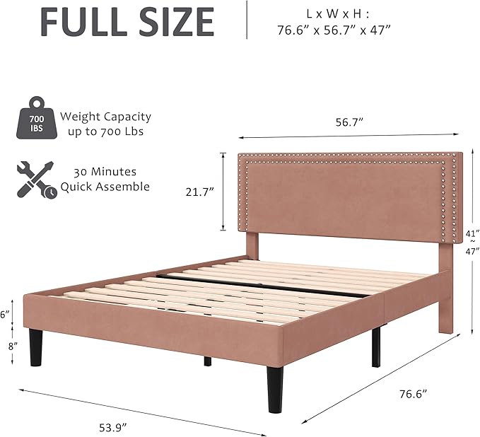 VECELO Full Size Bed Frame with Adjustable Upholstered Headboard, Wooden Slats Platform, Noise-Free Design, No Box Spring Needed, Easy Assembly