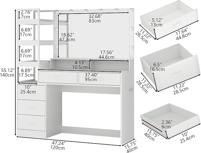 White Vanity Desk with Mirror and Lights, 8 Drawer Makeup Vanity Table with Glass Top, Power Outlets and RGB Lights, Women & Girls Dressing Table with Lighted Mirror（Stool Not Included）