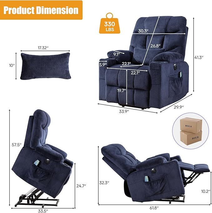 Power Lift Recliner Chair for Elderly, Lift Chair with Heat and Massage, Power Lift Recliners for Living Room with Infinite Position, USB-A＆C, Cup Holder, Side Pocket