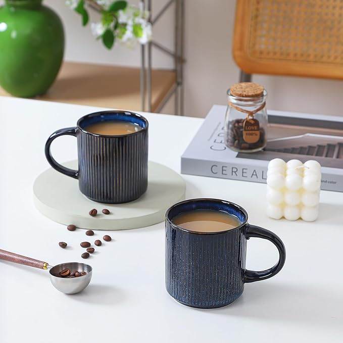 Coffee Mugs Set of 4, 12 OZ Ceramic Coffee Mugs with Handle, Vertical Stripes Coffee Cups Set for Latte/Tea/Cocoa/Milk, Microwave and Diahwasher Safe (Star Blue)