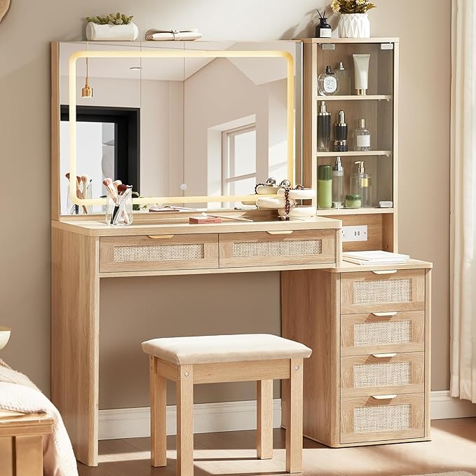 LEYAOYAO Vanity Desk with Mirror and Lights, 43.5'' Makeup Vanity Set with Stool 6 Drawers and Adjustable Shelves, Rattan Wood Make Up Vanity Dressing Table with Glass Top and Power Outlet for Bedroom