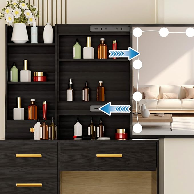Black Vanity Set with 6 Drawers & Rose Gold Handles, Girls Vanity Desk Table Dressing Bench Stool with Sliding LED Lighted Vanity Makeup Mirror Adjustable Brights and 3 Colors for Bedroom