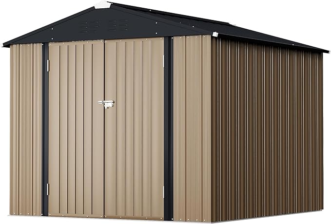 GUNJI 8 x 6 FT Shed Outdoor Storage Shed Metal Garden Shed with Lockable Door Outside Waterproof Tool Shed for Backyard, Patio, Lawn (Brown)