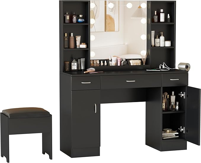 Vabches Vanity Desk with Lights and Mirror, Makeup Vanity Table with Charging Station, 45in Big Vanity Set with Lots of Storage Space, Black