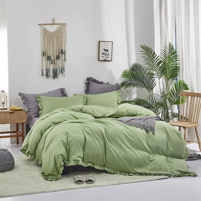 Luxlovery Sage Green Ruffle Comforter Set Full Boho Bedding Set Ruffled Farmhouse Boho Solid Blanket Quilts Aloe Green Bedding Set for Women Men