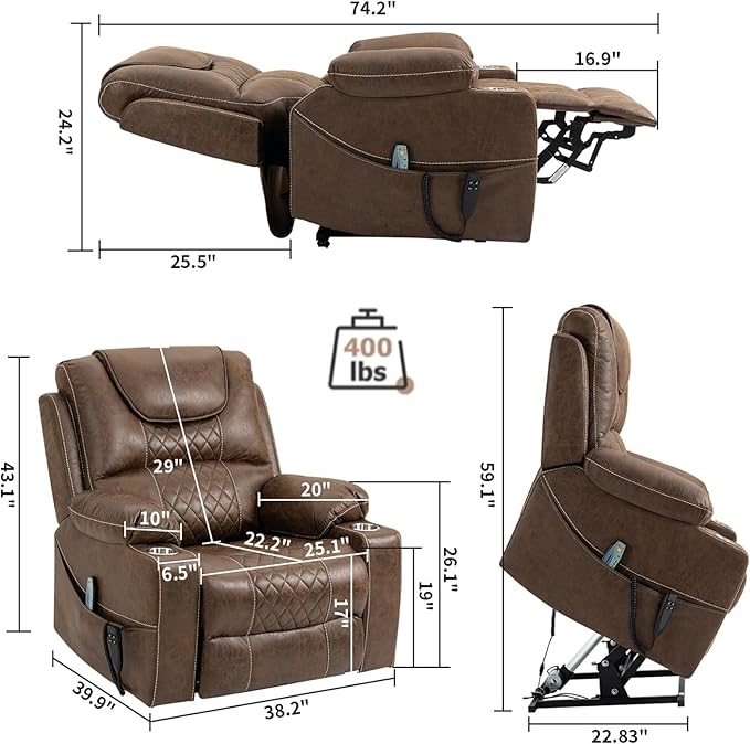 180 Degrees Lay Flat Lift Recliner with Massage and Heat, Cup Holder, 400 lb Capacity Recliner for Big and Tall Men, Lazyboy Sleeping (Brown Leather)