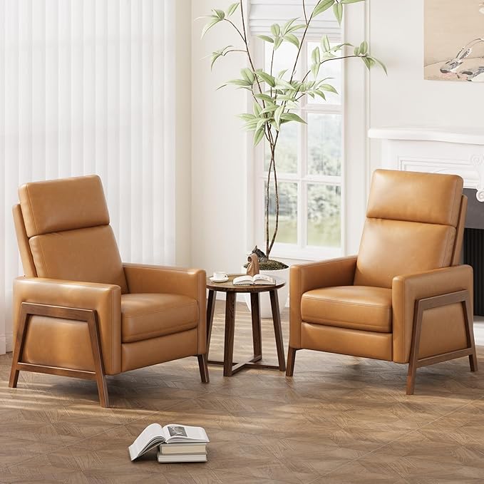 COLAMY Push Back Recliner Chair Set of 2, Upholstered Leather Recliner with Footrest 105-135 Degree Adjustable, Comfy Modern Wingback Recliner for Living Room, Bedroom,Small Spaces, Camel