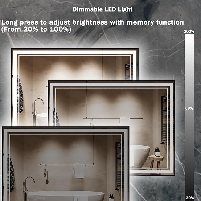 48" x 36" LED Bathroom Mirror with Lights Framed LED Mirror for Bathroom Backlit and Front Lighted Bathroom Mirror Black Square Aluminum Frame Anti-Fog Dimmable Adjustable Shatter-Proof