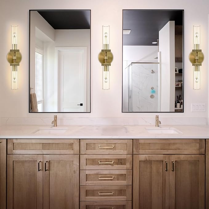 Gold Wall Sconce for Bathroom Hardwired, 20.5" Brass Wall Sconces, Linear Sconces Wall Lighting Double-Lights, Bathroom Lighting Fixtures over Mirror, Tube Bath Vanity Light for Living Room, Bedroom