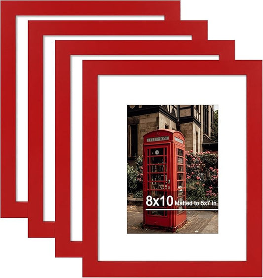 8x10 Picture Frame Set of 4, High Definition Real Glass, Display Pictures 5x7 with Mat or 8x10 Without Mat, Gallery Wall Hanging or Tabletop Photo Frames, Red