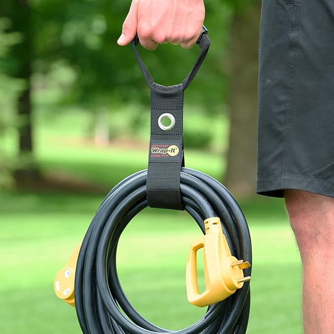 Easy-Carry Wrap-It Storage Straps - 17" (2-Pack) Black with Grommet - Extension Cord Organizer with a Handle for Cable and Hose Storage
