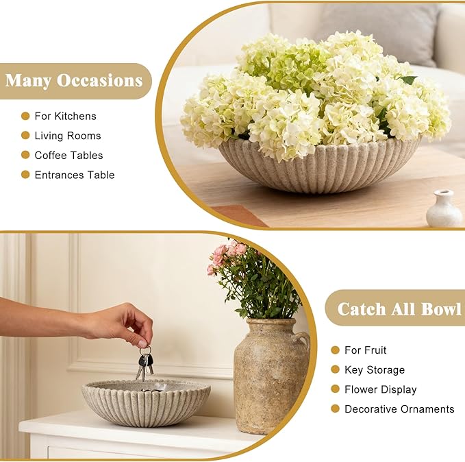 Large Decorative Bowl for Home Decor 12 Inch Resin Fruit Bowl Sandstone Ruffle Key Bowl for Coffee Table Shallow Centerpiece Bowl Catch All Bowl for Kitchen Counter, Entryway, Living Room